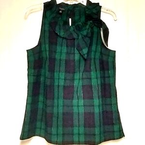 Talbots Green Navy Blue Sleeveless Blouse Shell Bow Tie Front Cotton Blend SP